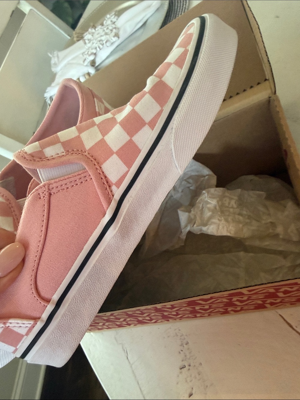 Vans Pink & White Checkerboard Slip-On Sneakers - Picture 7 of 10